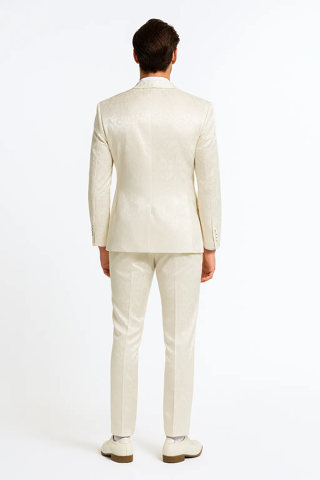Mens Champaign Ivory Jacquard Paisley Tuxedo Suit with Satin Shawl Lapel - Elegant Wedding and Prom Outfit By Rossiman sold by Alberto Nardoni product image thumbnail 3