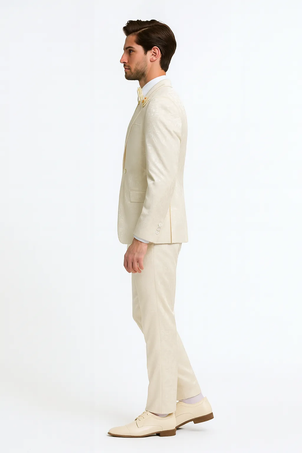 Mens Champaign Ivory Jacquard Paisley Tuxedo Suit with Satin Shawl Lapel - Elegant Wedding and Prom Outfit By Rossiman sold by Alberto Nardoni product image thumbnail 4