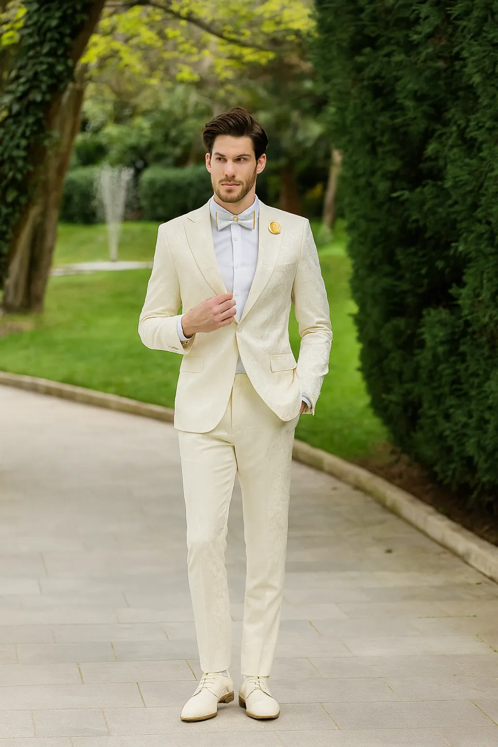 Mens Champaign Ivory Jacquard Paisley Tuxedo Suit with Satin Shawl Lapel - Elegant Wedding and Prom Outfit By Rossiman sold by Alberto Nardoni