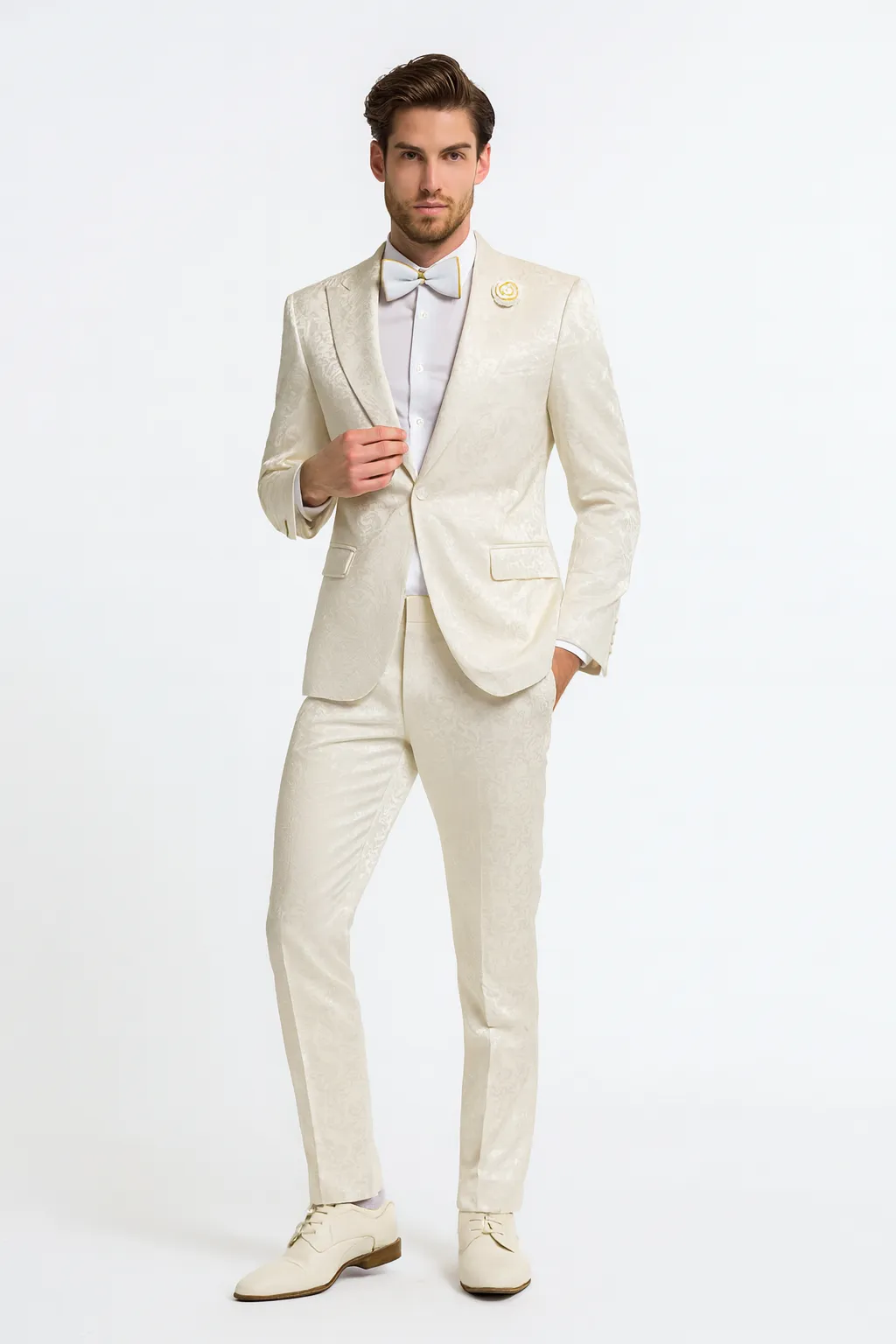 Mens Champaign Ivory Jacquard Paisley Tuxedo Suit with Satin Shawl Lapel - Elegant Wedding and Prom Outfit By Rossiman sold by Alberto Nardoni product image thumbnail 5