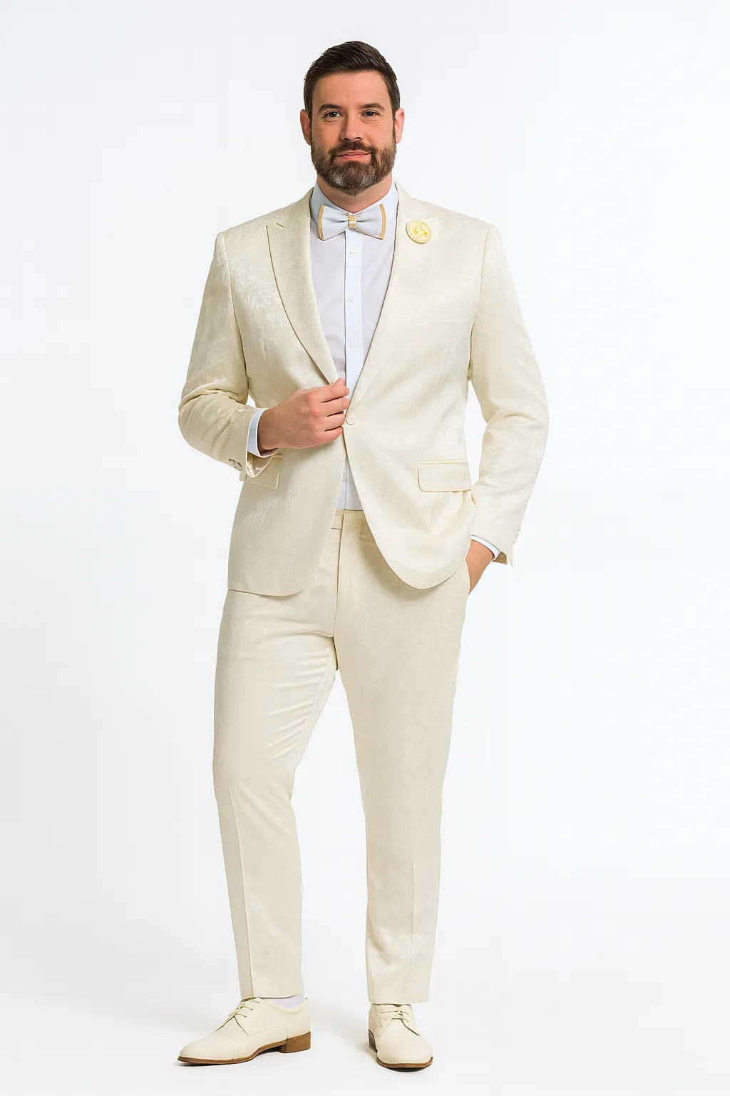 Mens Champaign Ivory Jacquard Paisley Tuxedo Suit with Satin Shawl Lapel - Elegant Wedding and Prom Outfit By Rossiman sold by Alberto Nardoni product image thumbnail 2