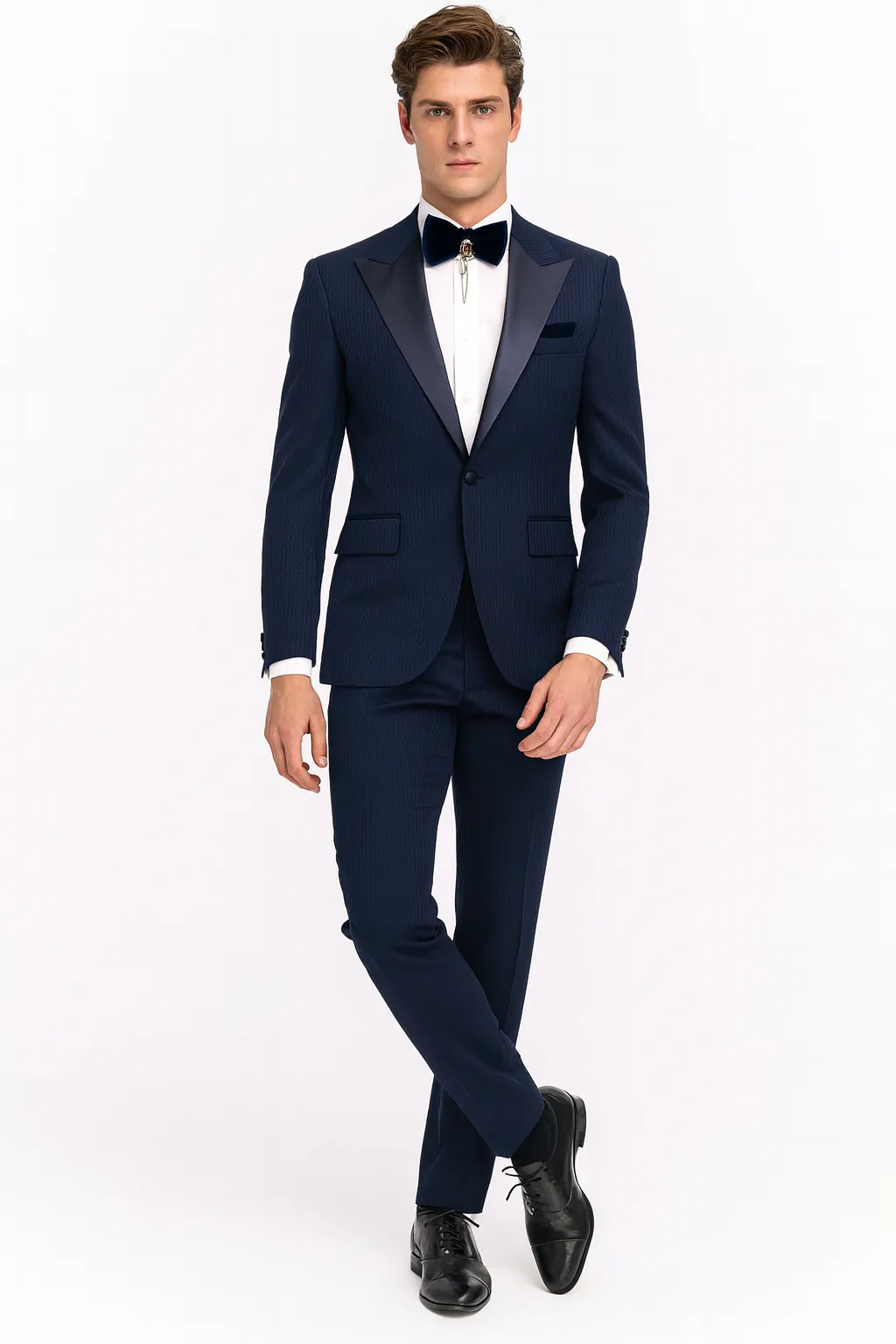 Men’s Navy Blue Tuxedo with Satin Peak Lapel With Matching Color Lapel Sateen – Formal 2 Piece Suit sold by Alberto Nardoni product image thumbnail 4