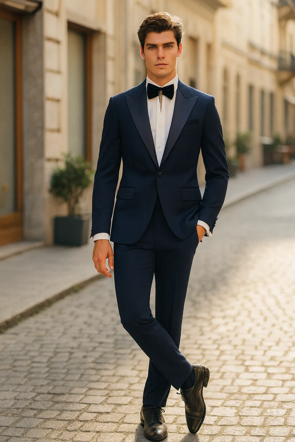 Men’s Navy Blue Tuxedo with Satin Peak Lapel With Matching Color Lapel Sateen – Formal 2 Piece Suit sold by Alberto Nardoni product image thumbnail 3