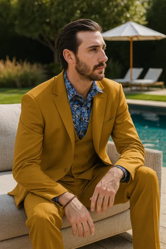 Gold Men’s Suit – Vested with Double Breasted Vest & 2-Button Peak Lapel sold by Alberto Nardoni