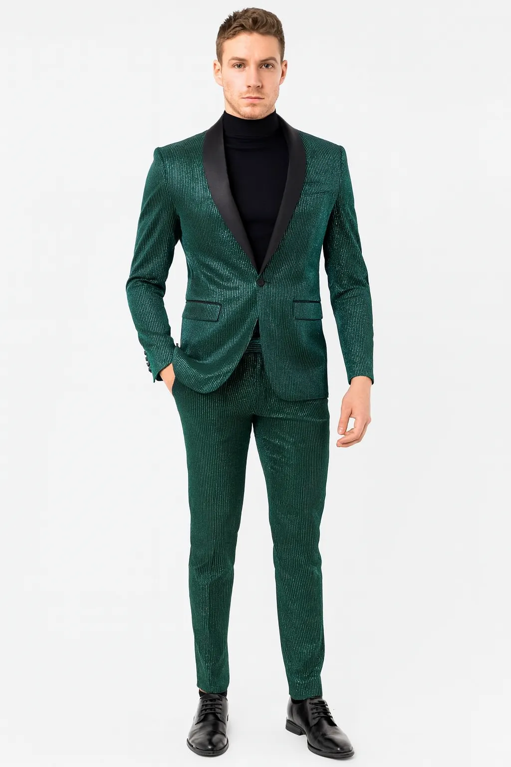 Mens Emerald Green Shiny Stripe Tuxedo Suit - Slim Fit 2-Piece Satin Lapel Dinner Jacket and Pants Ultra slim fit sold by Alberto Nardoni