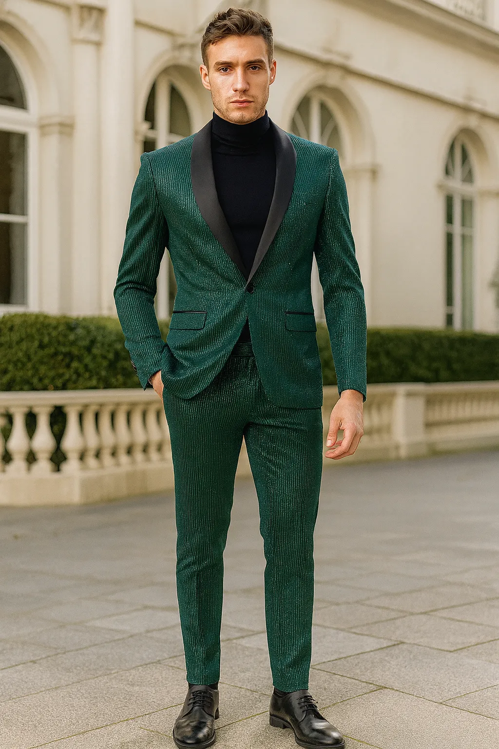 Mens Emerald Green Shiny Stripe Tuxedo Suit - Slim Fit 2-Piece Satin Lapel Dinner Jacket and Pants Ultra slim fit sold by Alberto Nardoni product image thumbnail 4