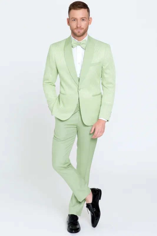 Men’s Mint Green Tuxedo Suit – Slim Fit Shawl Lapel with Matching Bow Tie in Sage Green Color - Light Green sold by Alberto Nardoni