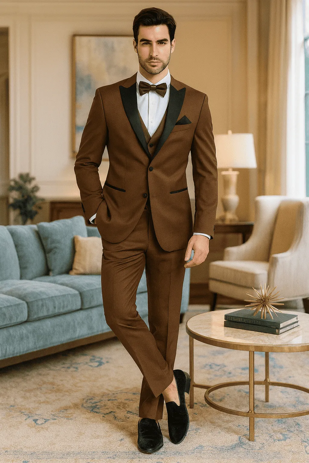 Mens Light Brown Tuxedo Suit with Black Satin Lapel - 3 Piece Formal Wedding & Prom Outfit - Country Look sold by Alberto Nardoni product image thumbnail 3