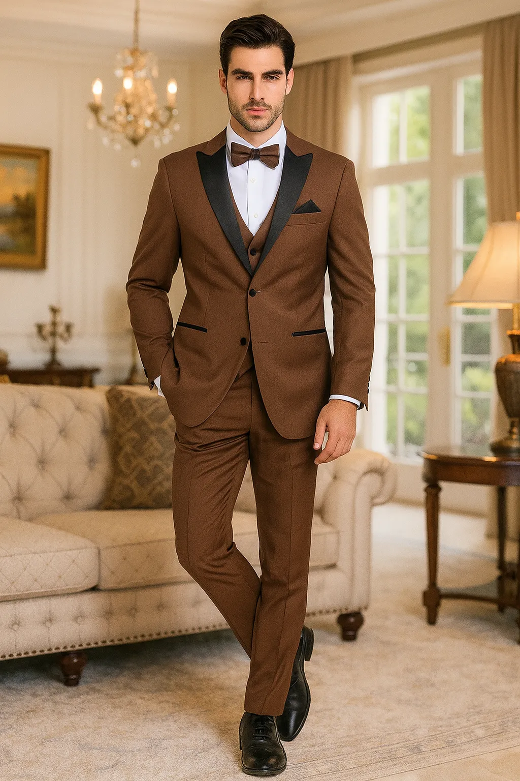 Mens Light Brown Tuxedo Suit with Black Satin Lapel - 3 Piece Formal Wedding & Prom Outfit - Country Look sold by Alberto Nardoni