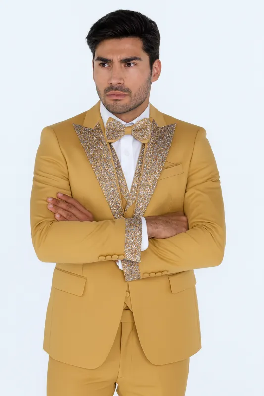 Mens Champagne Gold Prom Tuxedo – 4-Piece Wedding Suit with Vest sold by Alberto Nardoni