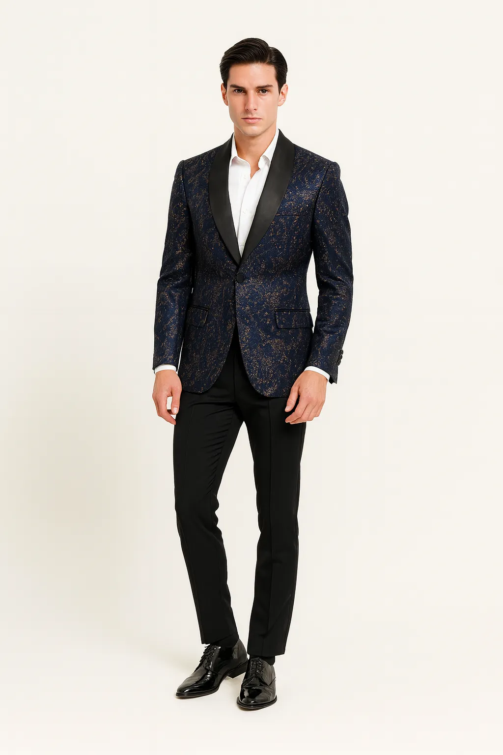 Men’s Navy Blue Sequin Tuxedo Jacket with Black Satin Shawl Lapel – Luxury Prom and Wedding Blazer sold by Alberto Nardoni product image thumbnail 5