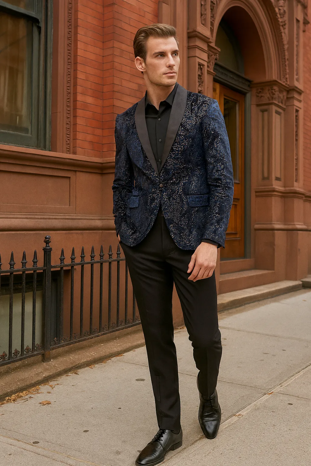 Men’s Navy Blue Sequin Tuxedo Jacket with Black Satin Shawl Lapel – Luxury Prom and Wedding Blazer sold by Alberto Nardoni product image thumbnail 2