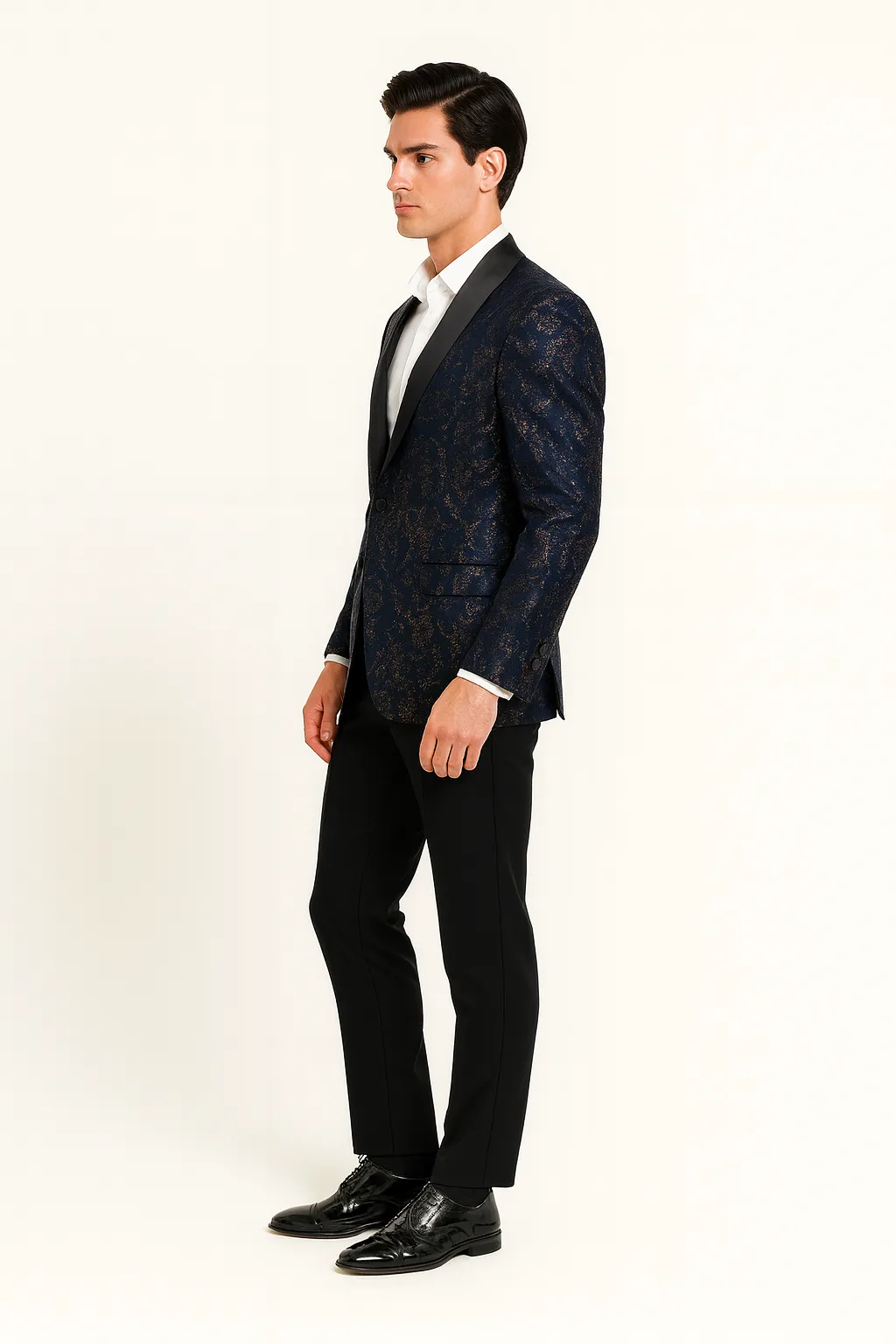 Men’s Navy Blue Sequin Tuxedo Jacket with Black Satin Shawl Lapel – Luxury Prom and Wedding Blazer sold by Alberto Nardoni product image thumbnail 4