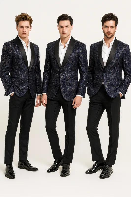 Men’s Navy Blue Sequin Tuxedo Jacket with Black Satin Shawl Lapel – Luxury Prom and Wedding Blazer sold by Alberto Nardoni