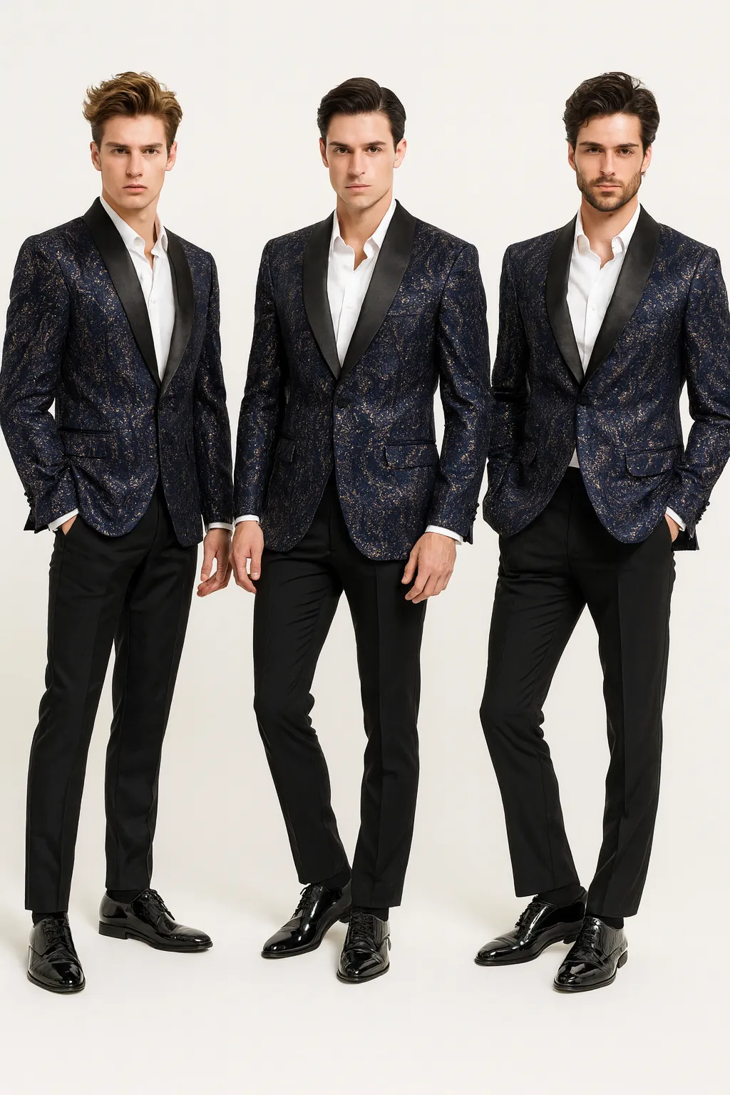 Men’s Navy Blue Sequin Tuxedo Jacket with Black Satin Shawl Lapel – Luxury Prom and Wedding Blazer sold by Alberto Nardoni