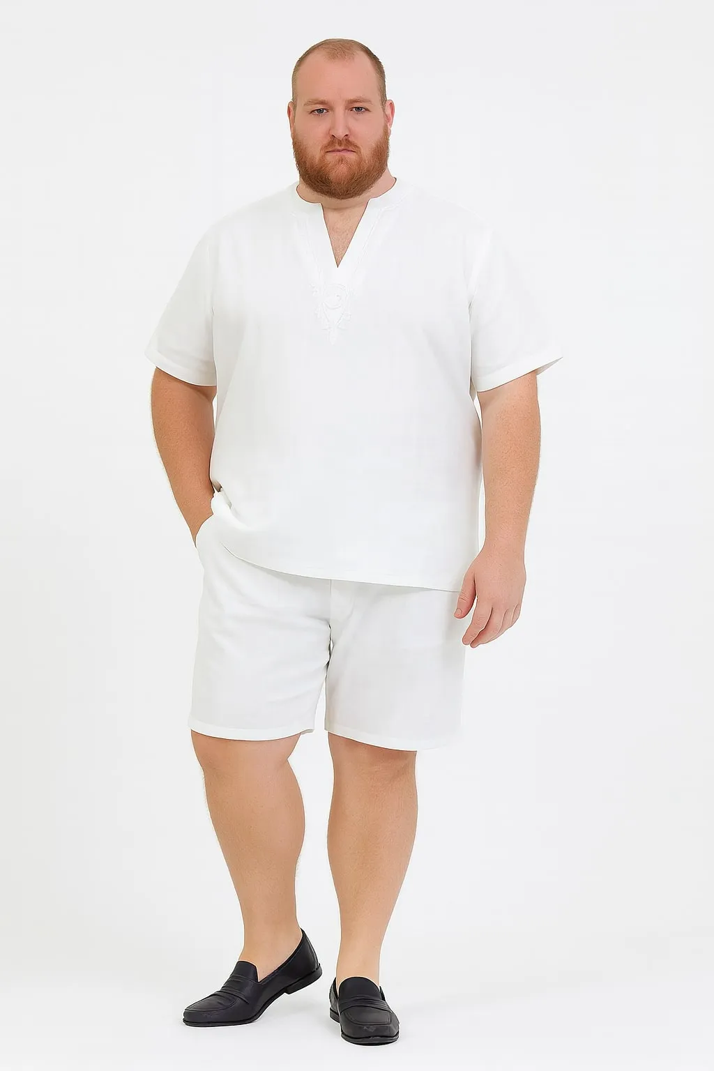 Mens White Embroidered Short Set - Casual Summer Outfit with V-Neck Shirt and Matching Shorts sold by Alberto Nardoni product image thumbnail 5