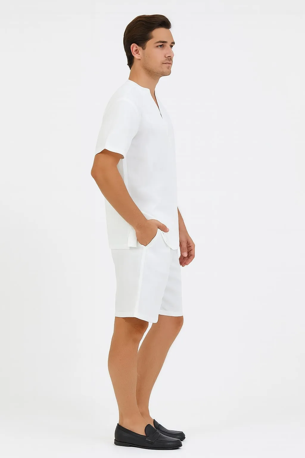 Mens White Embroidered Short Set - Casual Summer Outfit with V-Neck Shirt and Matching Shorts sold by Alberto Nardoni product image thumbnail 2