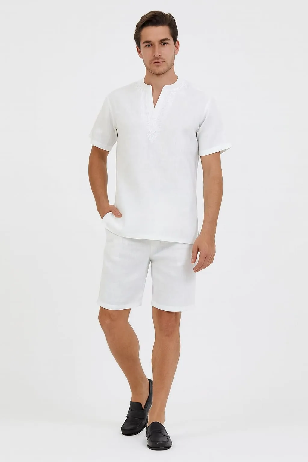 Mens White Embroidered Short Set - Casual Summer Outfit with V-Neck Shirt and Matching Shorts sold by Alberto Nardoni product image thumbnail 3