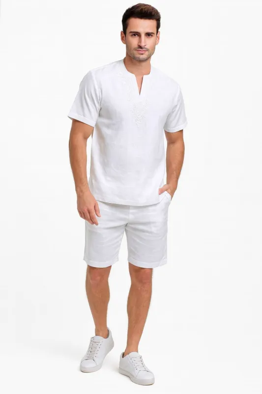 Men’s White Embroidered Short Set – Casual Summer Outfit with V-Neck Shirt and Matching Shorts sold by Alberto Nardoni