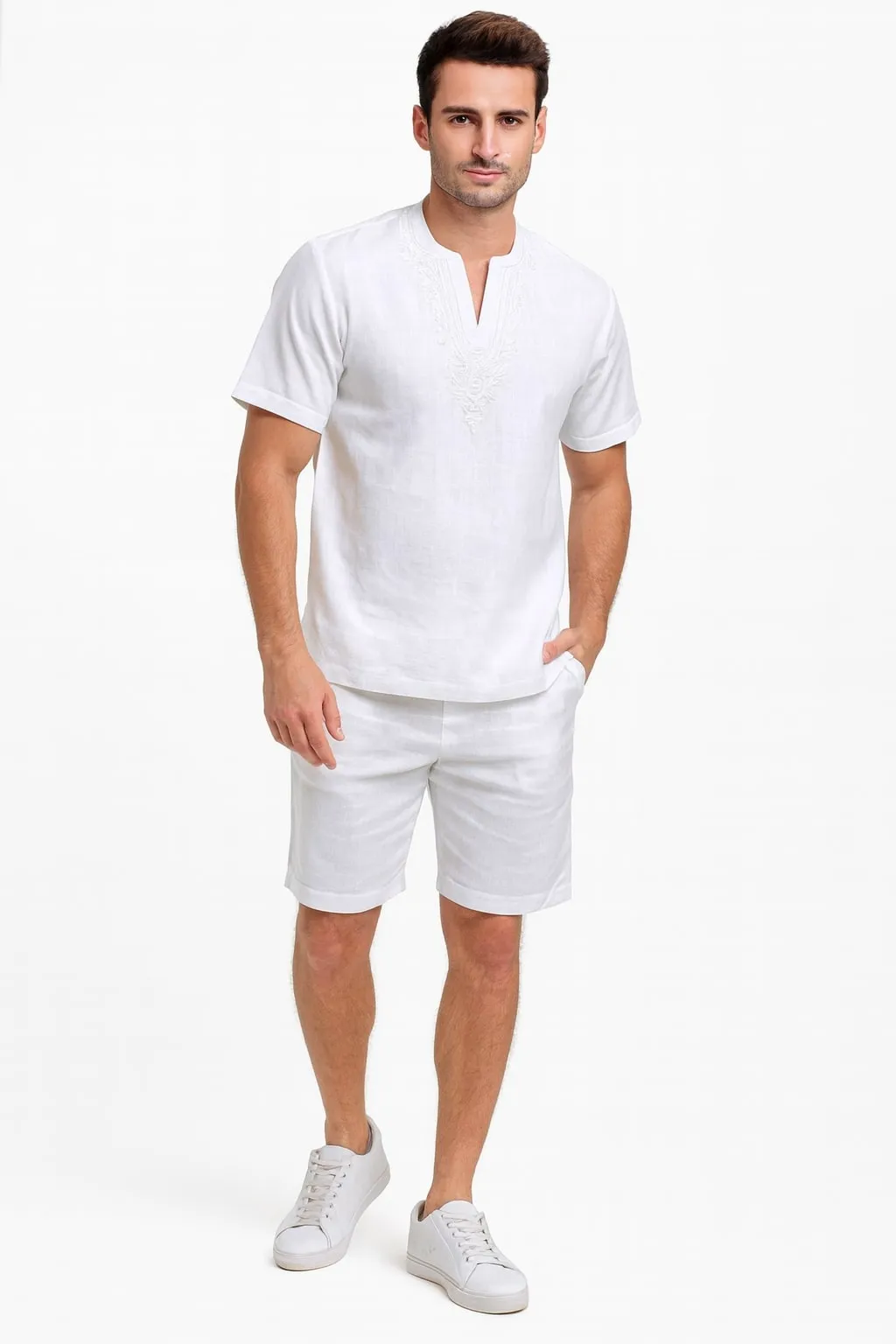 Mens White Embroidered Short Set - Casual Summer Outfit with V-Neck Shirt and Matching Shorts sold by Alberto Nardoni