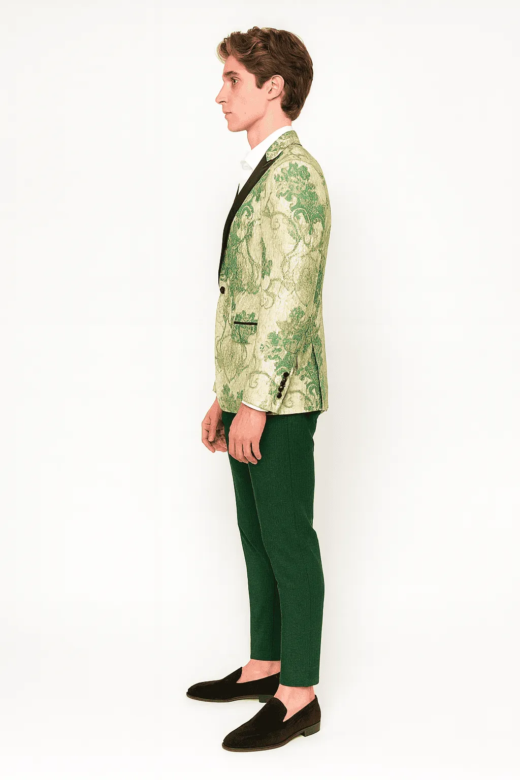 Mens Ivory and Green Suit Floral Embroidered Tuxedo Jacket with Black Satin Lapel - Designer Blazer for Weddings With Hutner Green Pants sold by Alberto Nardoni product image thumbnail 3