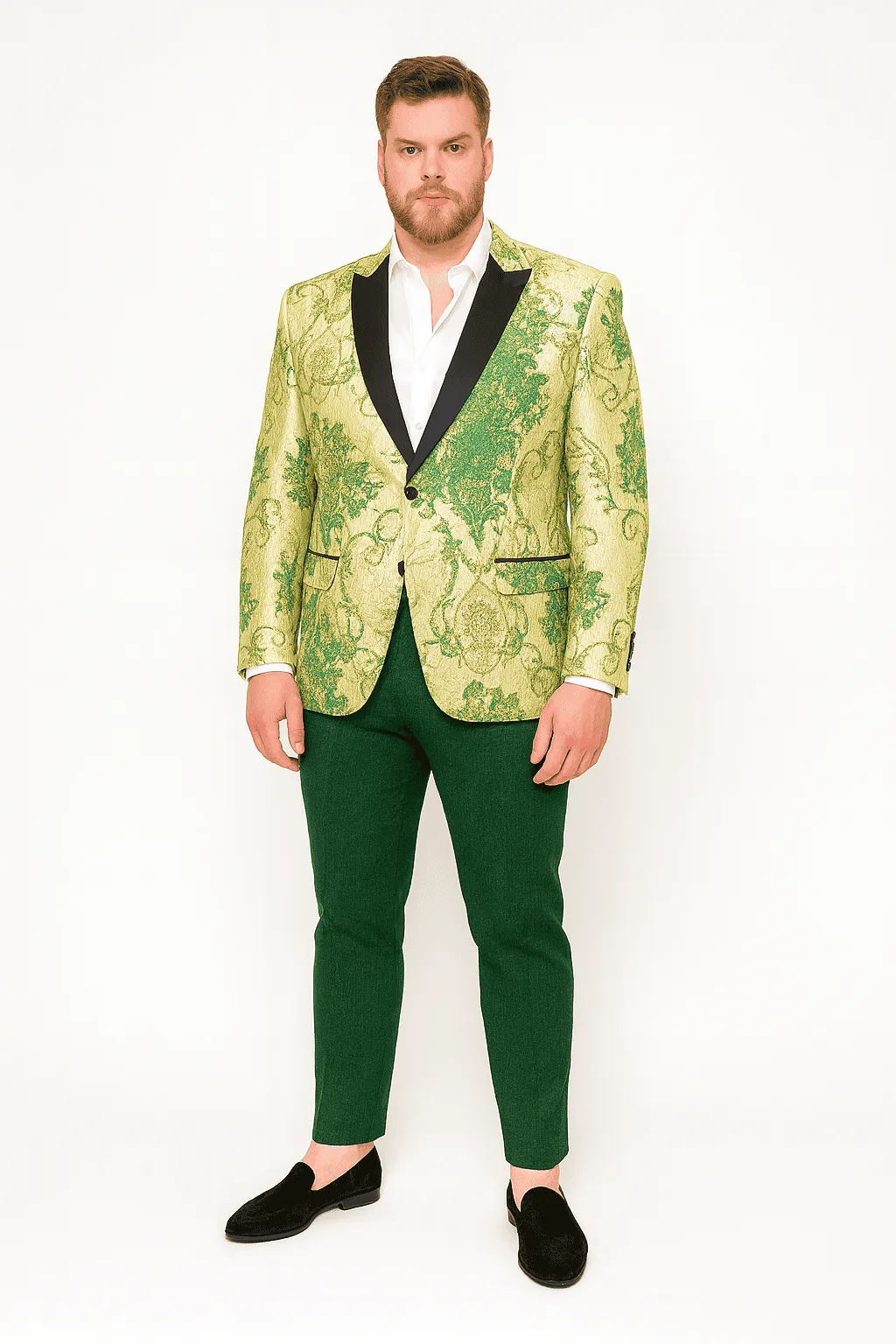 Mens Ivory and Green Suit Floral Embroidered Tuxedo Jacket with Black Satin Lapel - Designer Blazer for Weddings With Hutner Green Pants sold by Alberto Nardoni product image thumbnail 4
