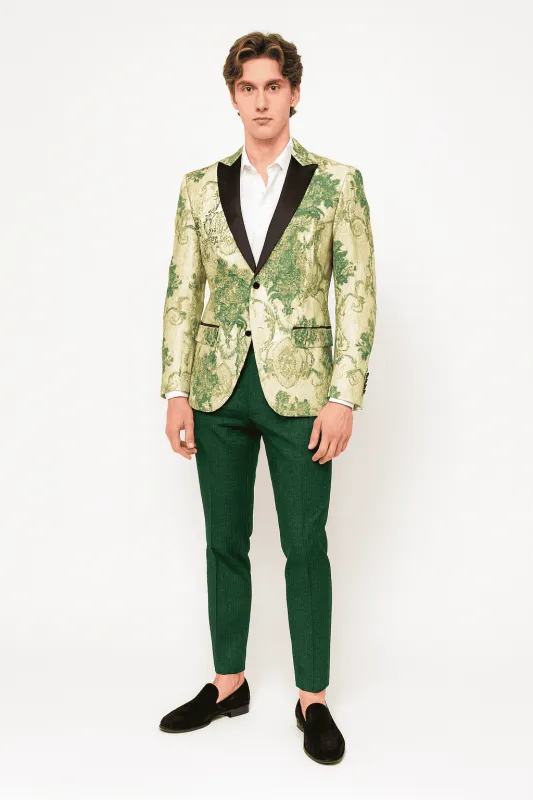 Men’s Ivory and Green Suit Floral Embroidered Tuxedo Jacket with Black Satin Lapel – Designer Blazer for Weddings With Hutner Green Pants sold by Alberto Nardoni