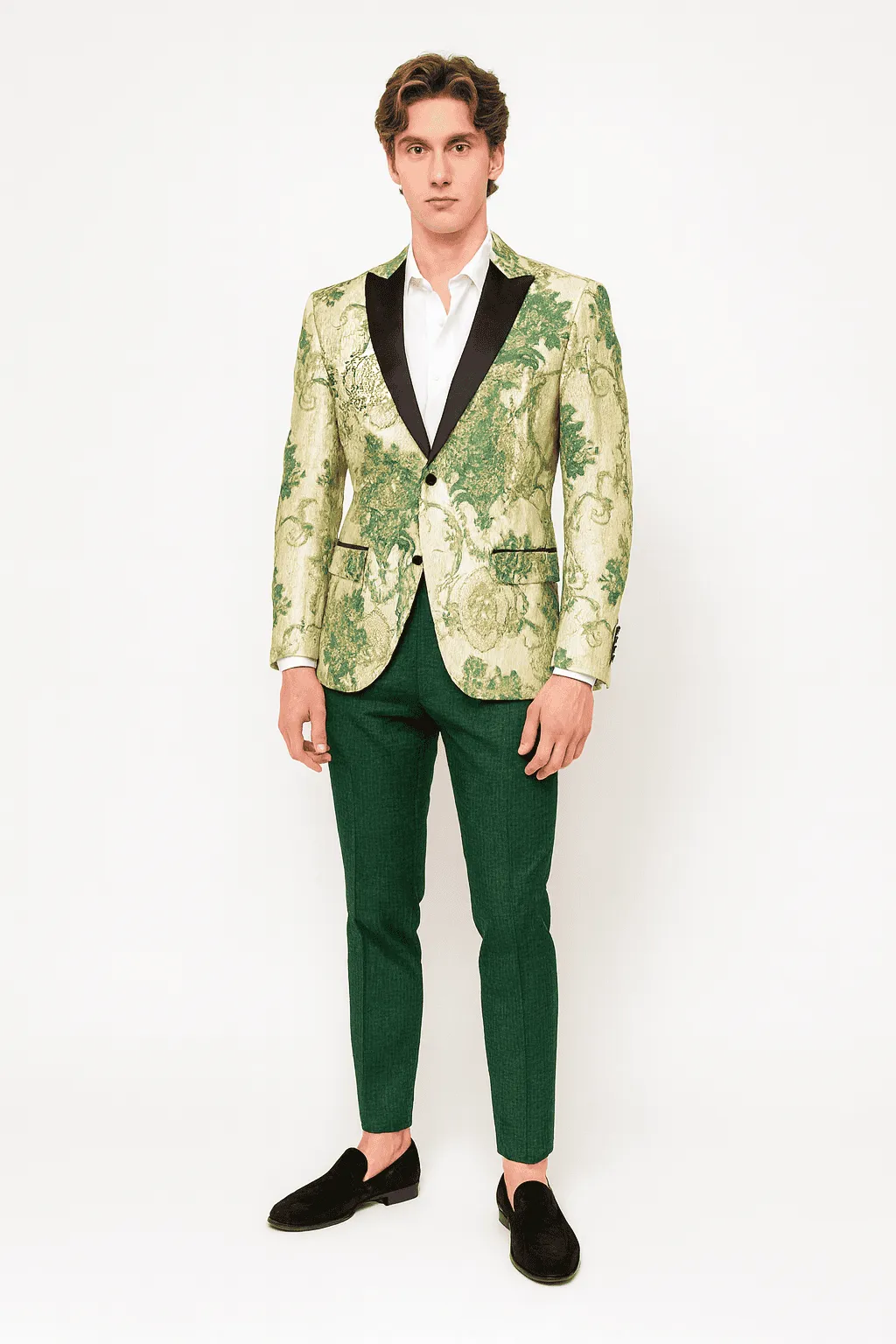 Mens Ivory and Green Suit Floral Embroidered Tuxedo Jacket with Black Satin Lapel - Designer Blazer for Weddings With Hutner Green Pants sold by Alberto Nardoni