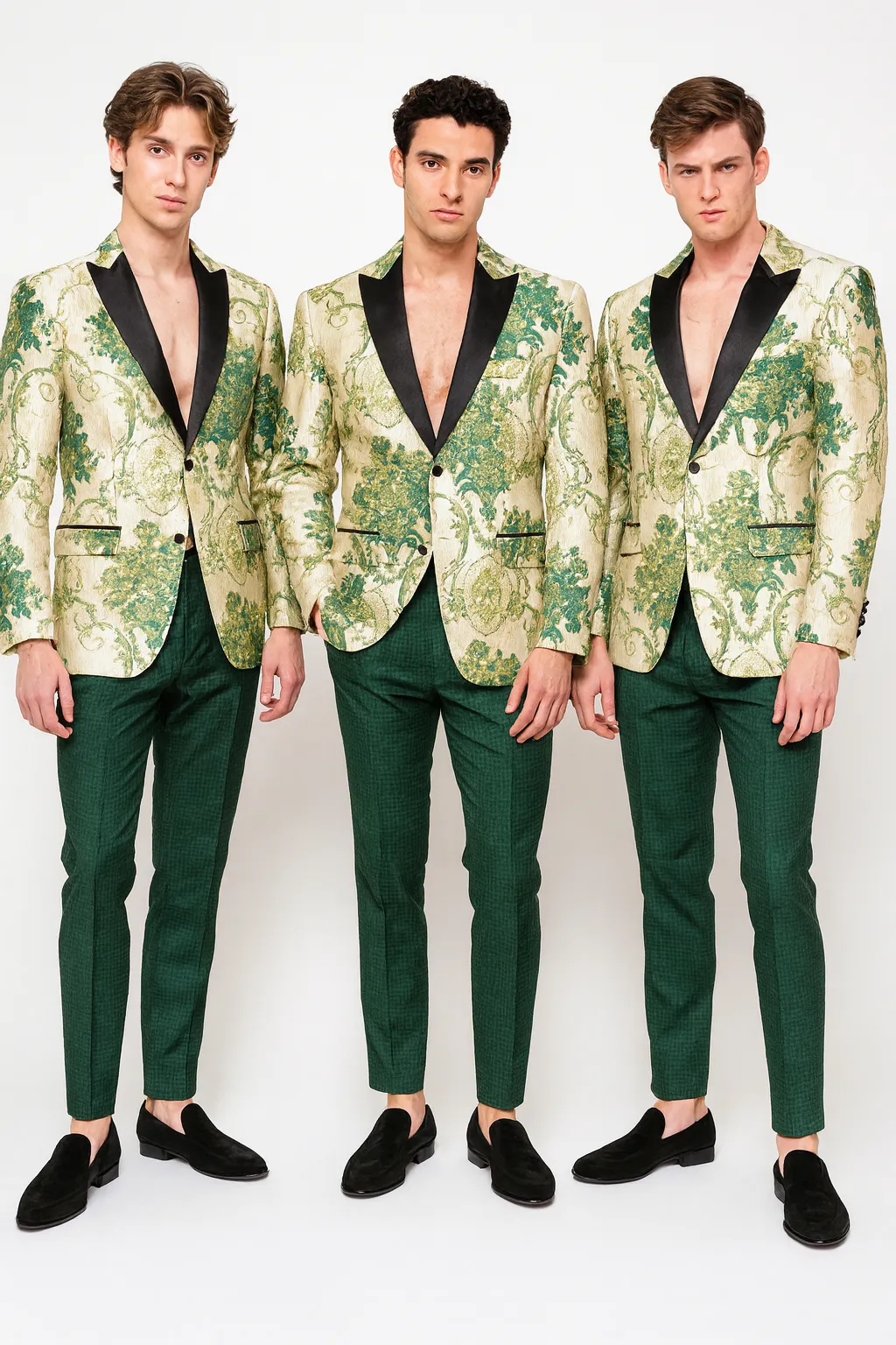 Mens Ivory and Green Suit Floral Embroidered Tuxedo Jacket with Black Satin Lapel - Designer Blazer for Weddings With Hutner Green Pants sold by Alberto Nardoni product image thumbnail 5