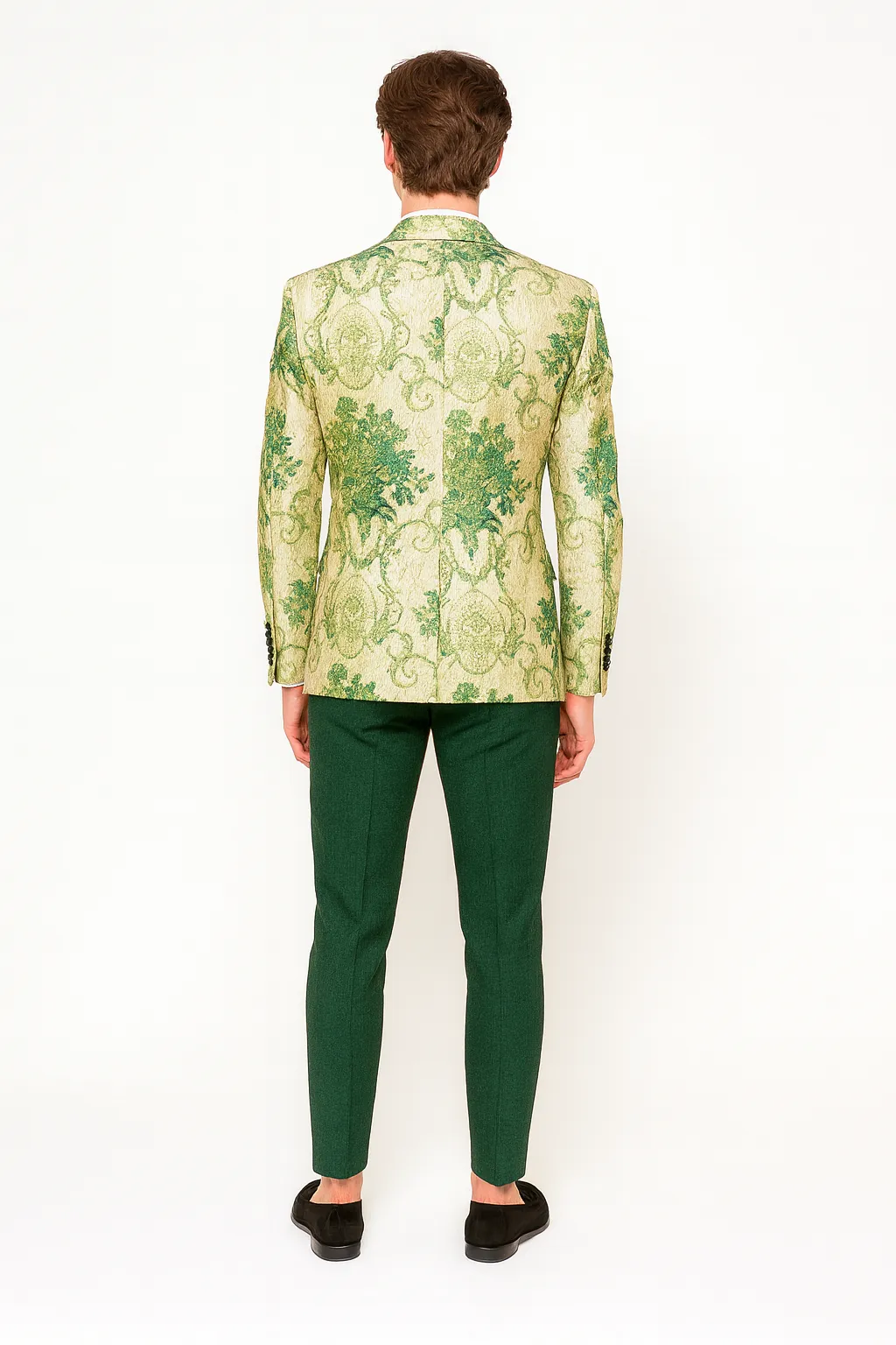 Mens Ivory and Green Suit Floral Embroidered Tuxedo Jacket with Black Satin Lapel - Designer Blazer for Weddings With Hutner Green Pants sold by Alberto Nardoni product image thumbnail 2