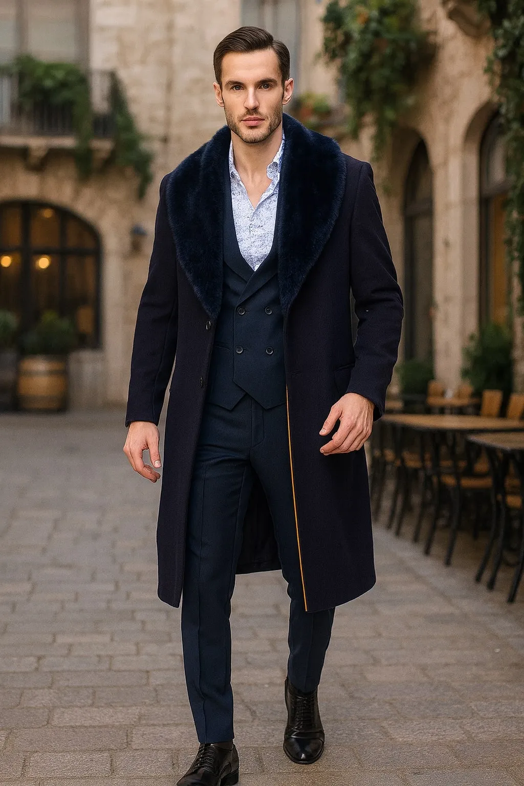 Mens Navy Blue Overcoat with Faux Fur Collar - Luxury Long Winter Coat for Formal and Casual Wear Topcoat sold by Alberto Nardoni product image thumbnail 5
