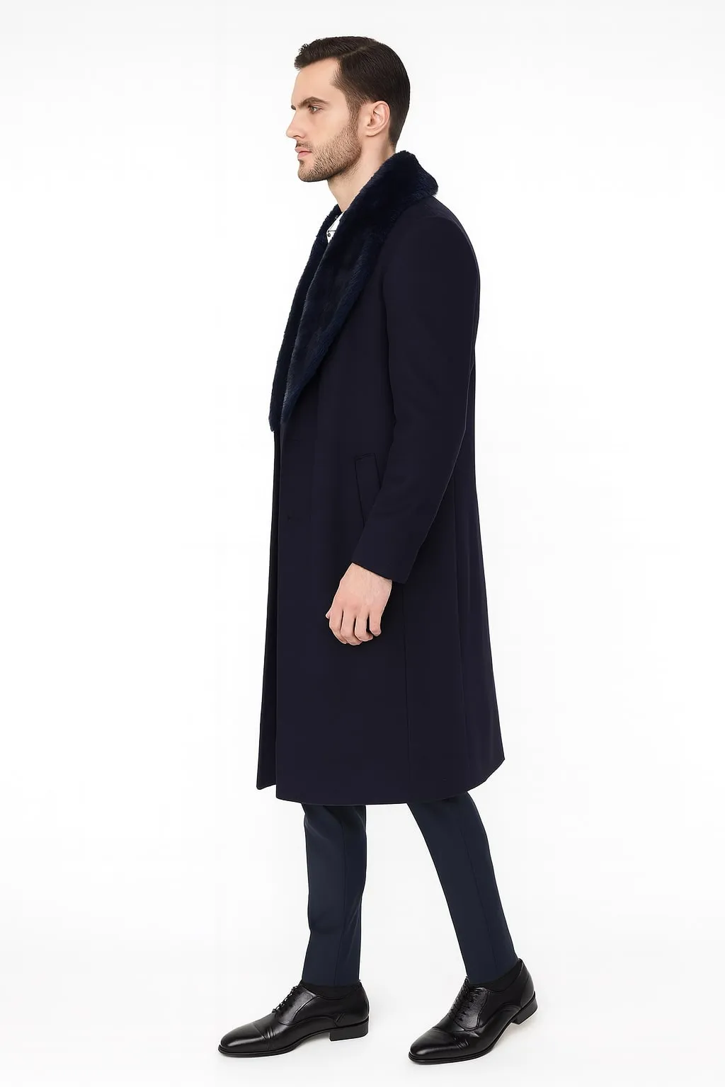 Mens Navy Blue Overcoat with Faux Fur Collar - Luxury Long Winter Coat for Formal and Casual Wear Topcoat sold by Alberto Nardoni product image thumbnail 2