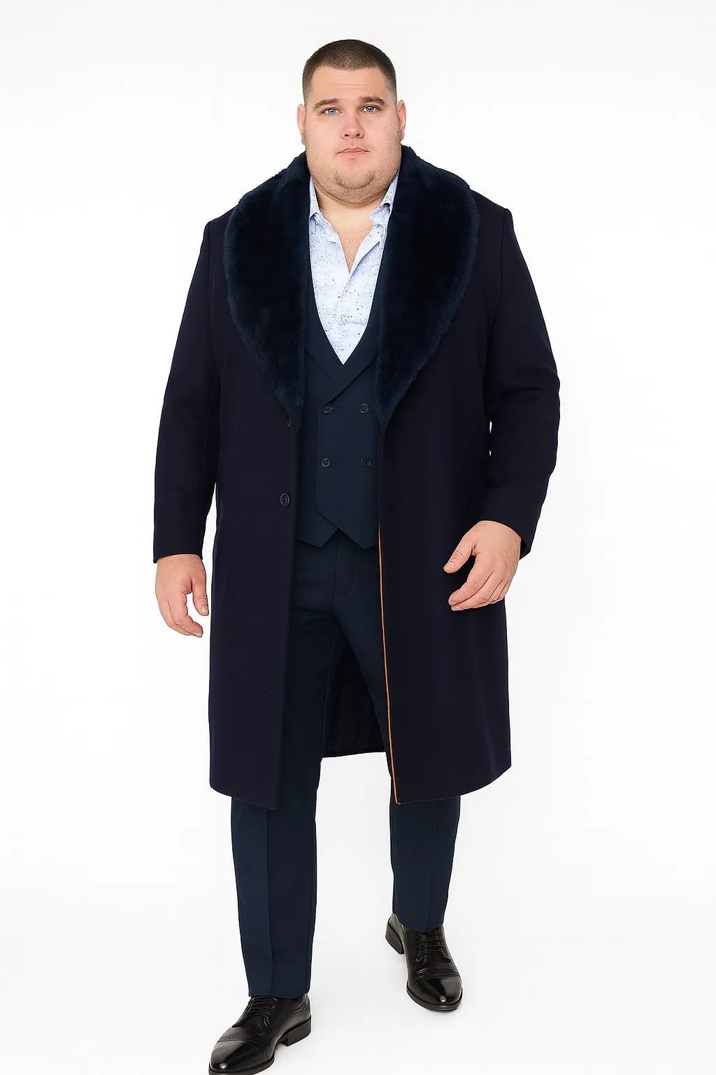 Mens Navy Blue Overcoat with Faux Fur Collar - Luxury Long Winter Coat for Formal and Casual Wear Topcoat sold by Alberto Nardoni product image thumbnail 3