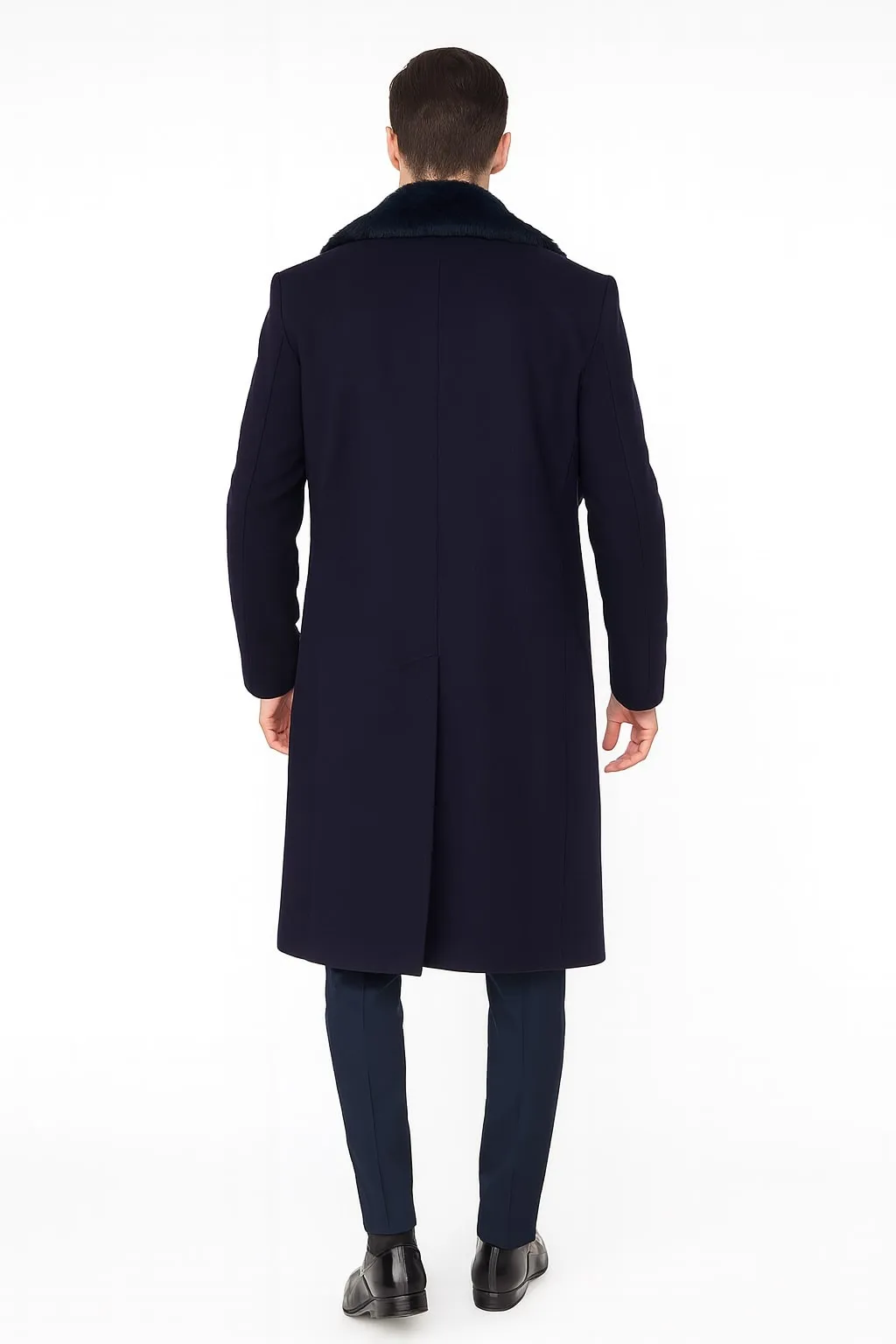 Mens Navy Blue Overcoat with Faux Fur Collar - Luxury Long Winter Coat for Formal and Casual Wear Topcoat sold by Alberto Nardoni product image thumbnail 4