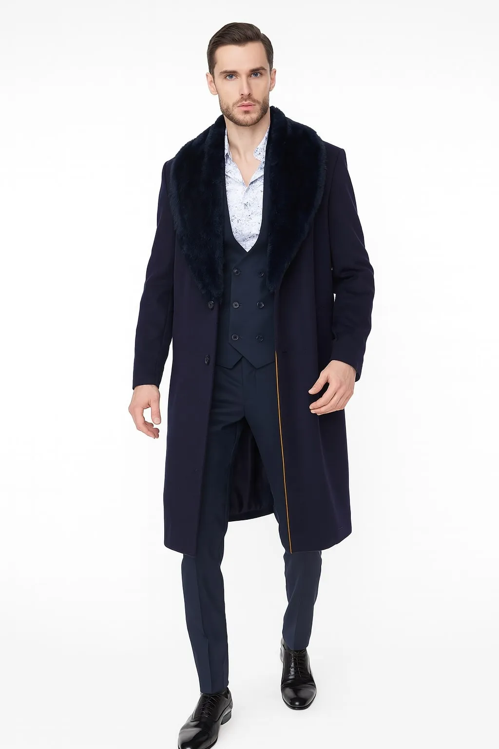 Mens Navy Blue Overcoat with Faux Fur Collar - Luxury Long Winter Coat for Formal and Casual Wear Topcoat sold by Alberto Nardoni
