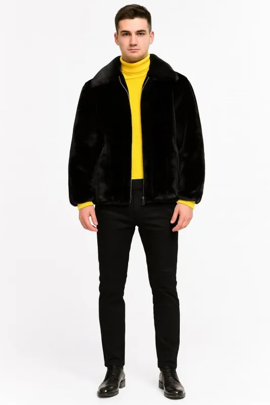 Mens Black Faux Fur Jacket – Luxury Winter Zip-Up Coat with Soft Plush Finish sold by Alberto Nardoni