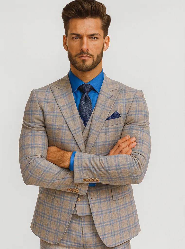 Designer Plaid Suit with Vest and Gold Buttons – Men’s Formal Style sold by Alberto Nardoni product image thumbnail 5