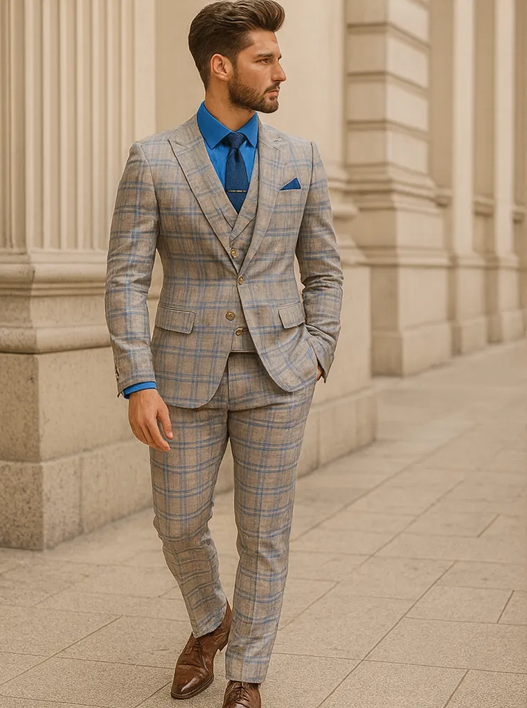 Designer Plaid Suit with Vest and Gold Buttons – Men’s Formal Style sold by Alberto Nardoni product image thumbnail 3
