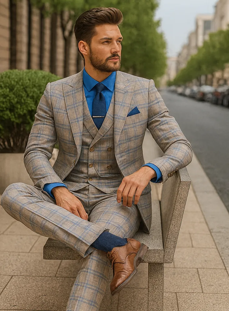 Designer Plaid Suit with Vest and Gold Buttons – Men’s Formal Style sold by Alberto Nardoni product image thumbnail 4