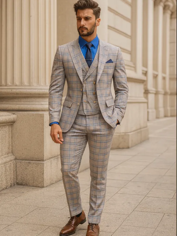 Designer Plaid Suit with Vest and Gold Buttons â€“ Menâ€™s Formal Style sold by Alberto Nardoni