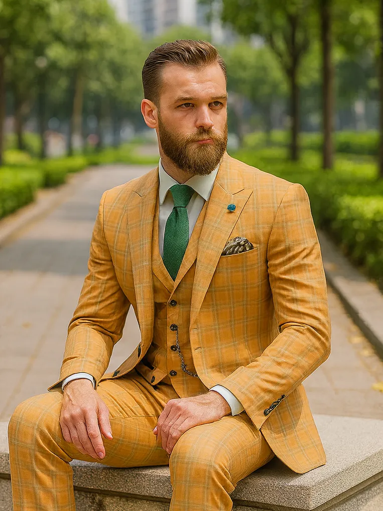 Designer Yellow Plaid Suit with Vest and Chain - Formal Attire sold by Alberto Nardoni product image thumbnail 4