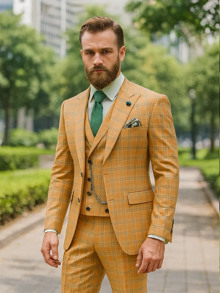 Designer Yellow Plaid Suit with Vest and Chain - Formal Attire sold by Alberto Nardoni