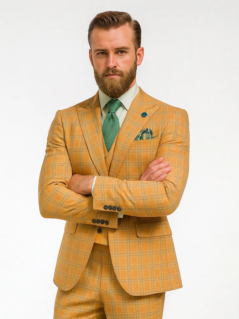 Designer Yellow Plaid Suit with Vest and Chain - Formal Attire sold by Alberto Nardoni product image thumbnail 5
