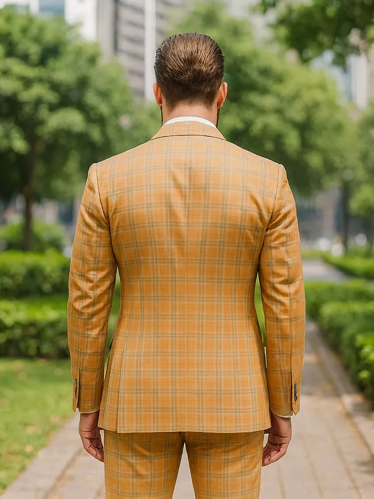 Designer Yellow Plaid Suit with Vest and Chain - Formal Attire sold by Alberto Nardoni product image thumbnail 2
