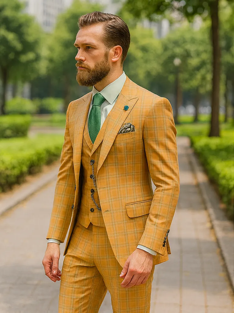 Designer Yellow Plaid Suit with Vest and Chain - Formal Attire sold by Alberto Nardoni product image thumbnail 3