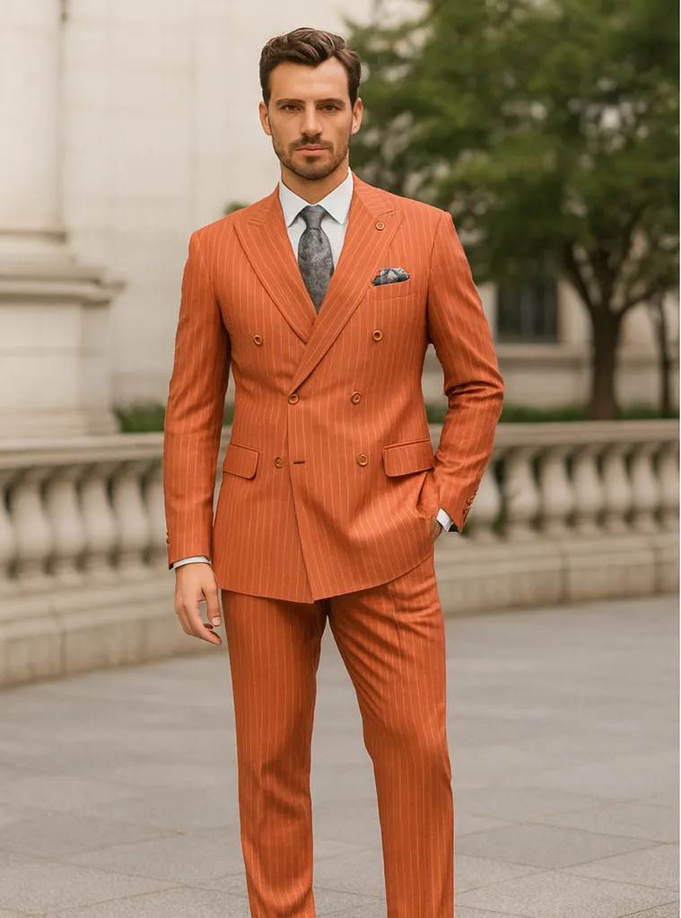 Luxury Men’s Orange Pinstripe Suit – Elegant Formal Outfit sold by Alberto Nardoni