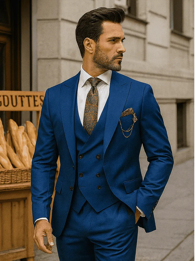 Luxury Blue Three-Piece Suit with Paisley Tie - Elegant Formal Outfit sold by Alberto Nardoni product image thumbnail 3