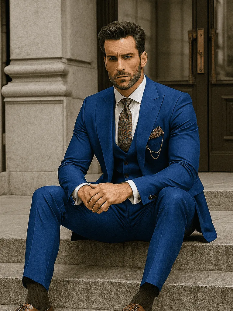 Luxury Blue Three-Piece Suit with Paisley Tie - Elegant Formal Outfit sold by Alberto Nardoni product image thumbnail 4