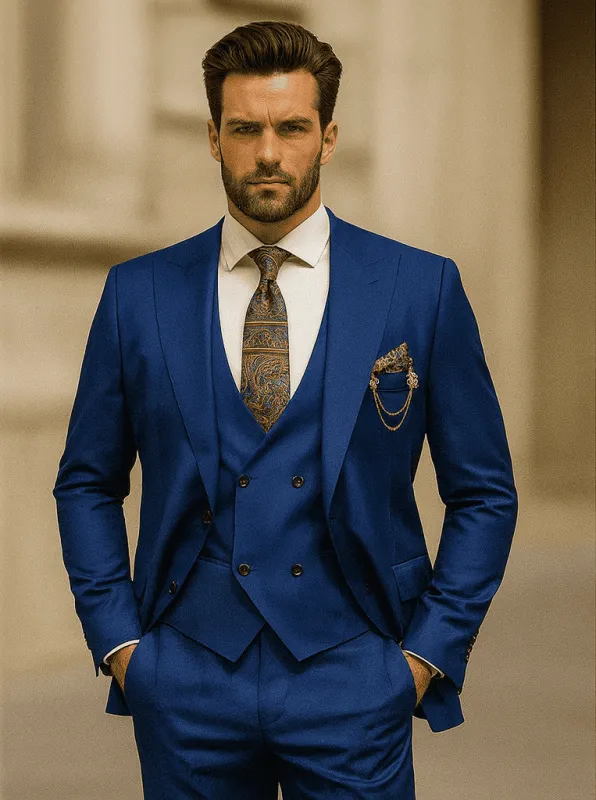 Luxury Blue Three-Piece Suit with Paisley Tie – Elegant Formal Outfit sold by Alberto Nardoni