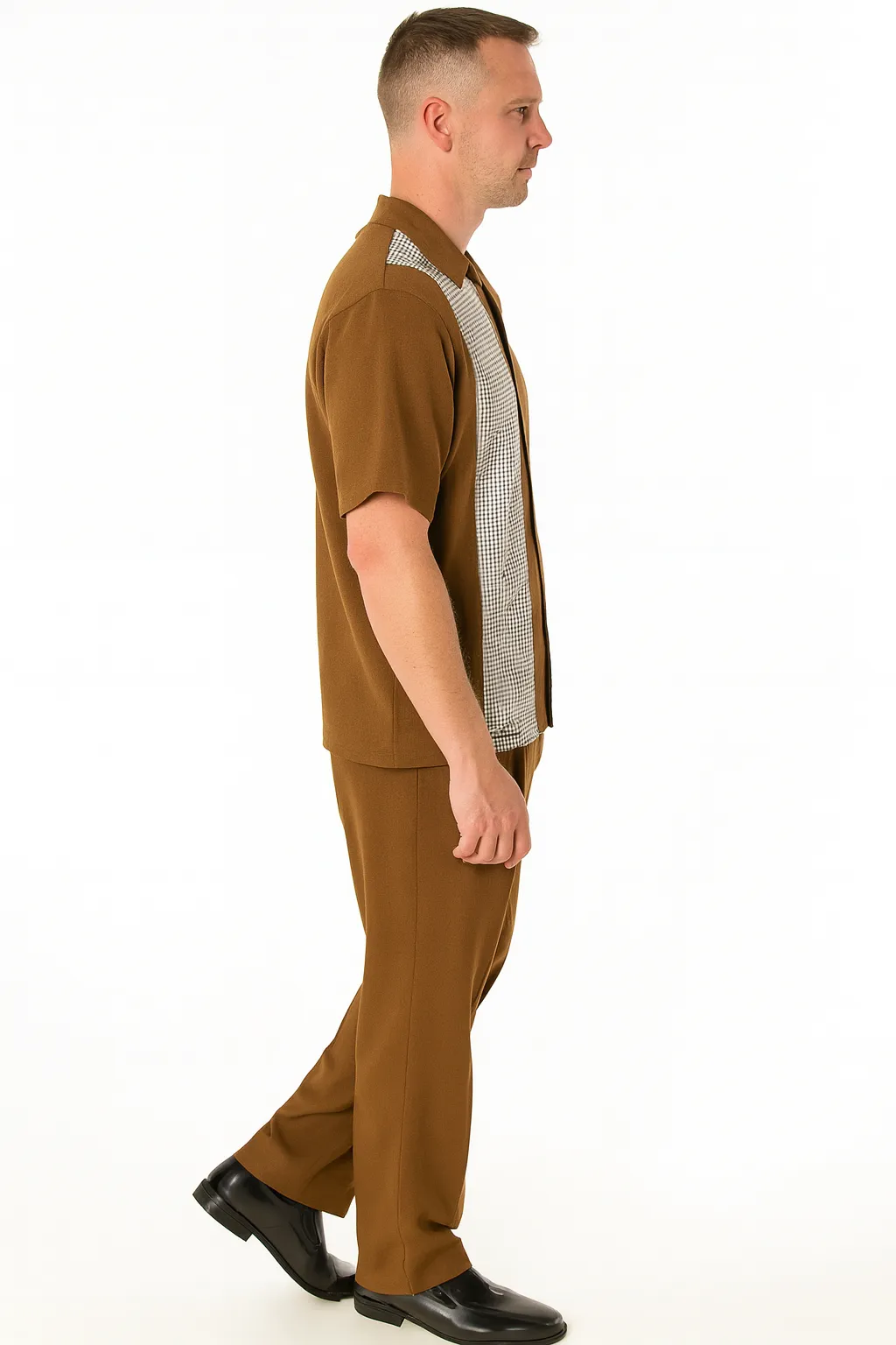 Men’s Cognac Tan Two-Piece Outfit – Short Sleeve Button-Up Shirt and Pants Set sold by Alberto Nardoni product image thumbnail 4